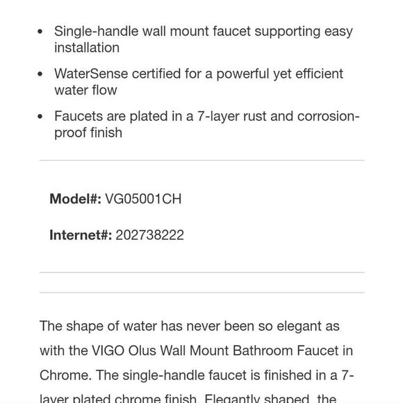 NEW * VIGO VG05001CH Olus Single-Handle Wall Mount Bathroom Faucet in Chrome - Picture 9 of 16